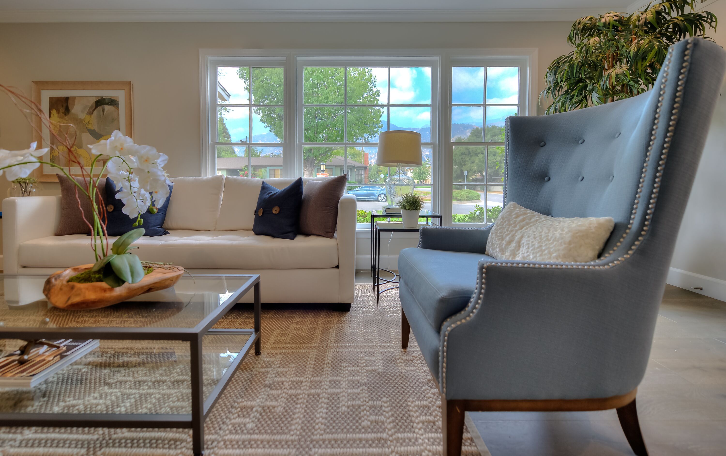 Staged living room with wingback chairs — home staging
