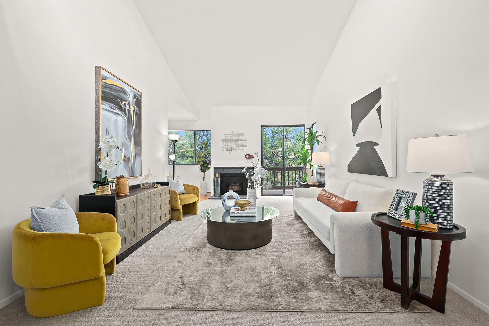 Staged living room with gas fireplace — condo home staging, Greater Los Angeles